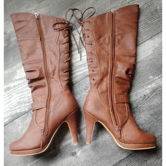 Top Moda Women's Size 5 Brown Faux Leather Heeled Boots- NWOT - Picture 2 of 10